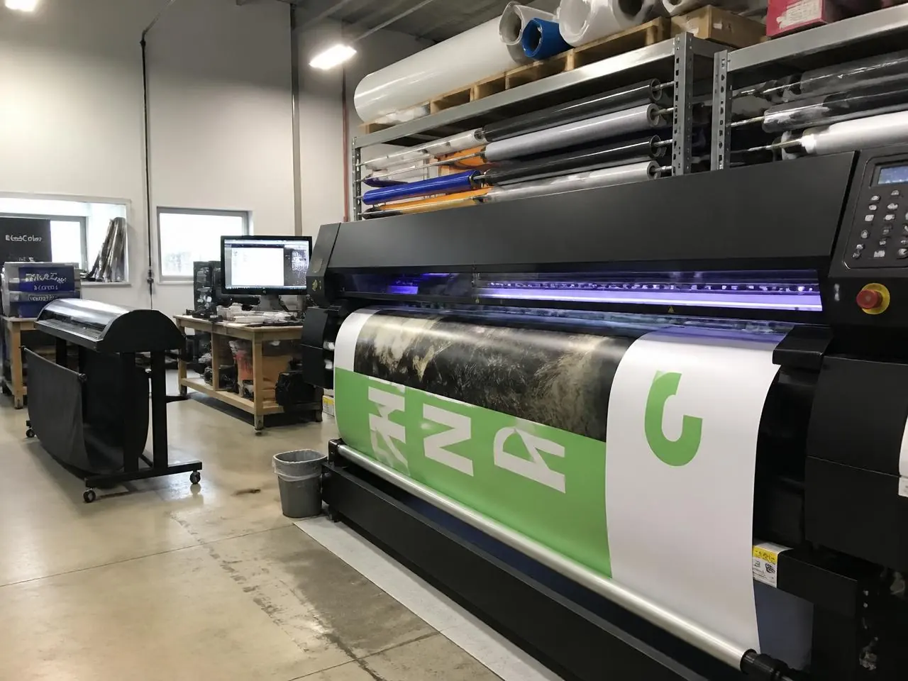 Plóter de impresión digital de gran formato imprimiendo vinilo en el taller de Rótulos Benkel en Alicante