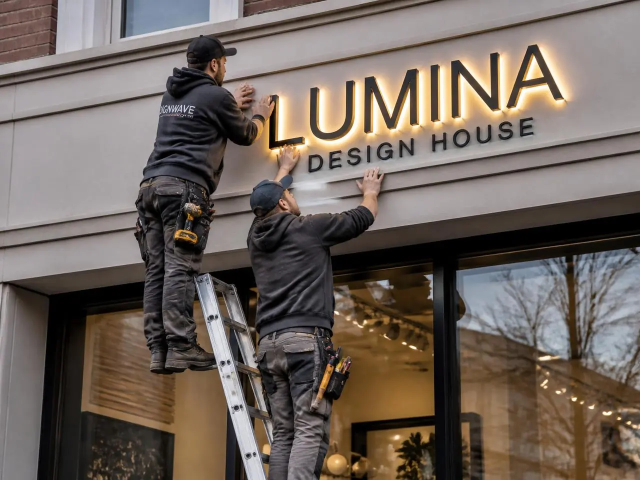 Equipo de Rótulos Benkel instalando un rótulo retroiluminado en la fachada de un local en Alicante