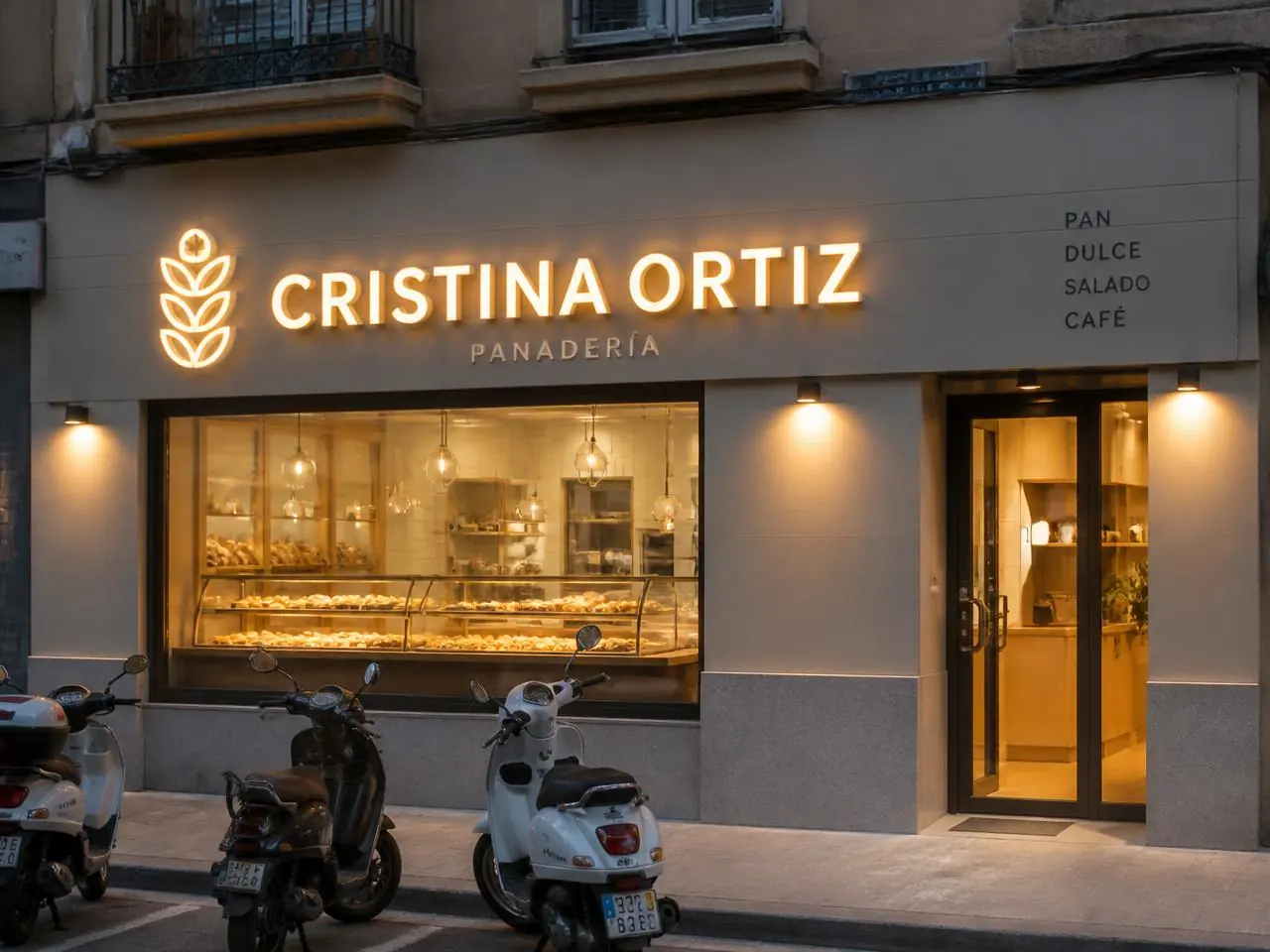 Rótulo luminoso de letras corpóreas con LED en la fachada de una panadería en Alicante